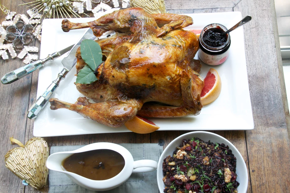 Festive Roast Turkey with Sage Butter And Jam Sauce
